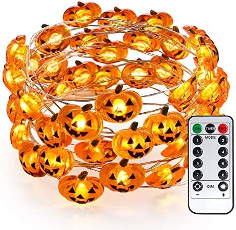 Brizled Pumpkin Halloween String Lights, 40 LED 13.12ft 8 Modes Battery Powered Fairy Lights with Remote & Timer, Flexible Copper Wire Jack-O-Lantern Lights for Halloween Party Decorations, Warm White