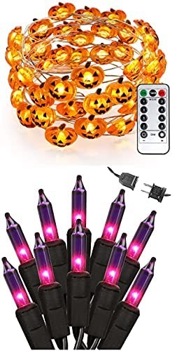Brizled 40 LED Pumpkin Halloween String Lights with Remote + 21.3ft 100 Count Purple Halloween Lights String Connectable