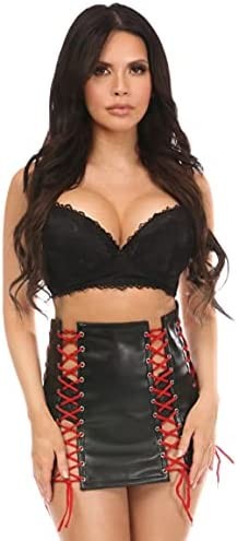 Daisy corsets Women's Black Faux Leather Lace-up Skirt W/Red Lacing