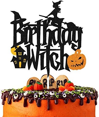 Birthday Witch Cake Topper Happy Halloween Cake Decorations for Witches Autumn Fall Themed Women Girl Birthday Party Supplies Double Sided Black Glitter Decor