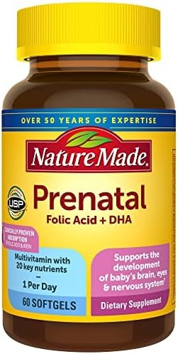 Nature Made Prenatal with Folic Acid + DHA, Prenatal Vitamin and Mineral Supplement for Daily Nutritional Support, 60 Softgels, 60 Day Supply