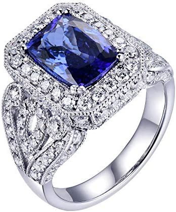 Lanmi 14K White Gold Natural AAAAA Blue Tanzanite Diamonds Rings Engagement Wedding Band for Women