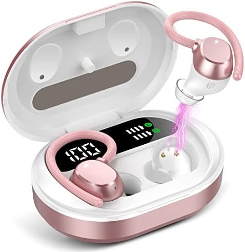 Wireless Earbuds, HiFi Stereo Bluetooth 5.3 Running Headphones with Dual LED Display 30Hrs Playtime, Built-in Mic, Type-C, in-Ear Bluetooth Earphones with Earhooks for Sport, Rose Gold