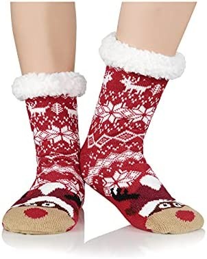 Women's Winter Slipper Socks with Grippers Knit Super Warm Cozy Fuzzy Fleece-lined Socks Thick Christmas Socks