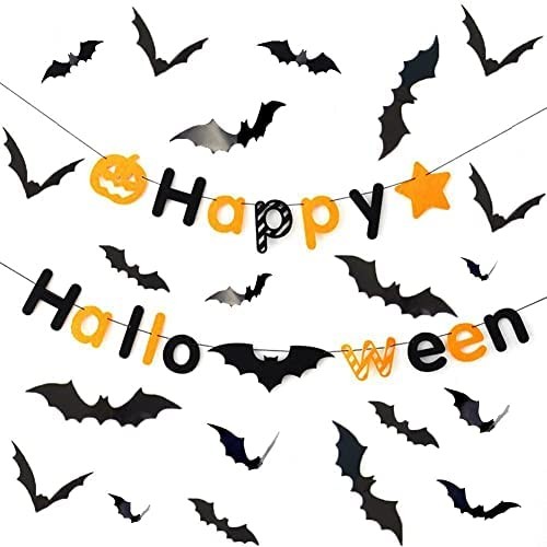 96Pcs Halloween Bat Decoration, 2022 Upgraded 3D Bat Stickers and Happy Halloween Banner, Bats Wall Stickers DIY Bats Wall Decals for Home Decor Halloween Party Window Wall Decorations Hocus Pocus