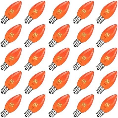 25 Pack Orange Halloween Replacement Bulbs C7 Glass Replacement Bulbs for Outdoor String Light, Patio Lights, C7/E12 Candelabra Base 5 Watt Great for Night Lights and Christmas Bulbs