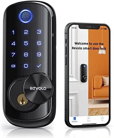 Revolo Fingerprint Smart Lock, 5-in-1 WiFi Door Lock WFP-F, Keyless Entry for Front Door with Remote App Control, 0.3S Unlock, Alexa Google Enable, Built-in Wi-Fi, ANSI Grade 2, IP65 - Black