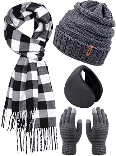 Aneco Winter Warm Knitted Sets Buffalo Plaid Scarf Beanie Hat Touch Screen Gloves and Winter Ear Warmer Set for Men or Women