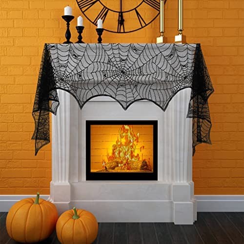 Sibba Halloween Cobweb Fireplace Scarf, Black Lace Spiderweb Mantle Scarf Cover Festive Party Supplies Set for Fireplace Window Door Frame Decoration Festive Party (Style B)