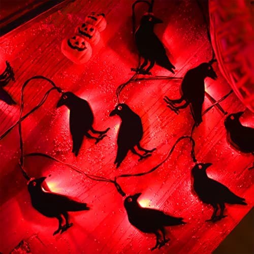 Malgero Halloween Decorations Battery Operated Crow Red String Lights 5FT Indoor Spooky Lights 10LED Gothic Party Room Decor 2 Modes Steady/Flickering Lights（1PACK）