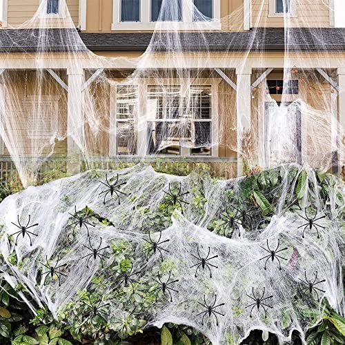 1000 sqft spider webs halloween decorations with 100 Extra Fake Spiders, Super Stretchy halloween decotations Cobwebs for Halloween Decor Indoor and Outdoor
