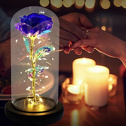 Glass Rose Purple Rose Black Rose, Best Gift for Mom,Purple Rose with Light Enchanted Silk Rose in Glass Dome, Girlfriend, Wife, Never Fade Rose for Mother's Day,Valentine's Day