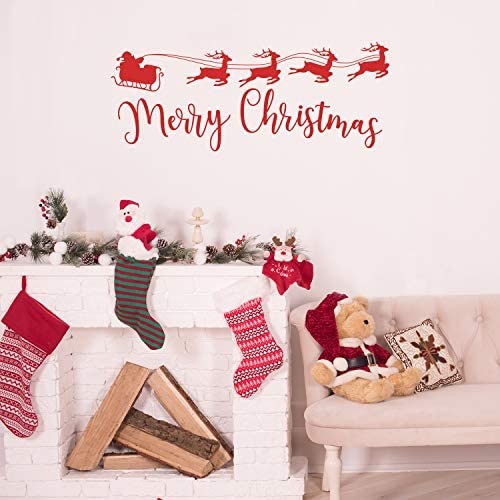 Vinyl Wall Art Decal - Sleigh Merry Christmas - 17" x 42.5" - Reindeer Holiday Season Trendy Seasonal Quote Sticker for Home School Living Room Work Office Classroom Store Window Decor (Red)