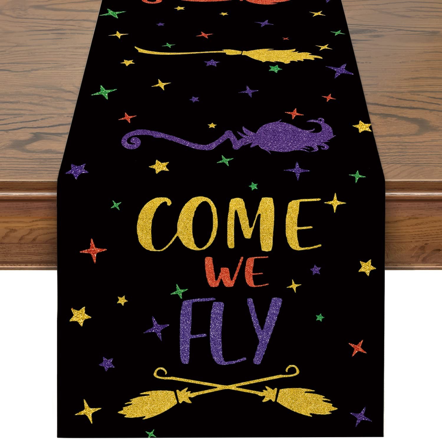 Siilues 150g Thicken Halloween Table Runner, Come We Fly Hocus Pocus Broom Halloween Decorations Seasonal Fall Holiday Decor for Indoor Outdoor Halloween Party Dining Table Decor (13" x 48")