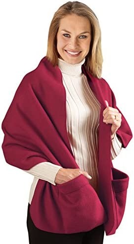 Collections Etc Cozy Fleece Wrap Shawl with Large Front Pockets - Keeps Hands and Shoulders Warm During Cold Winter Season
