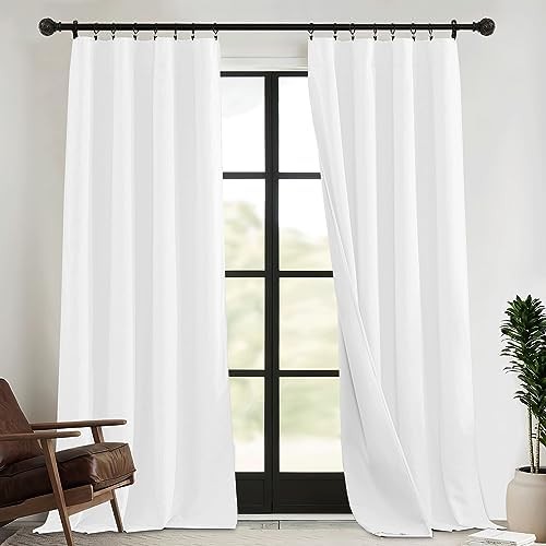RYB HOME 4 in 1 Set Dust Filter - Soundproof - Blackout - Insulating, Energy Efficiency Linen Curtains for Kids Bedroom Living Room Divider Apartment Hotel Office Theatre, White, W 52 x L 84, 2 Pcs