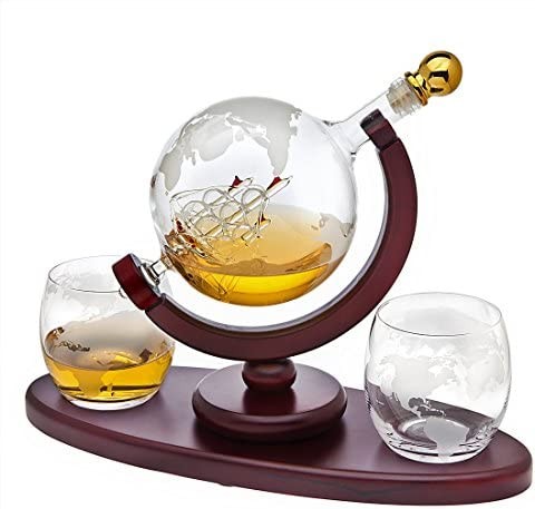 Whiskey Decanter Globe Set with 2 Etched Whiskey Glasses - for Liquor Scotch Bourbon Vodka, Gifts For Men - 850ml