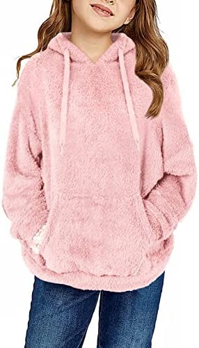 Haloumoning Girls Fuzzy Fleece Pullover Hoodies Sweatshirt Casual Loose Outwear Coat with Pockets 4-15 Years