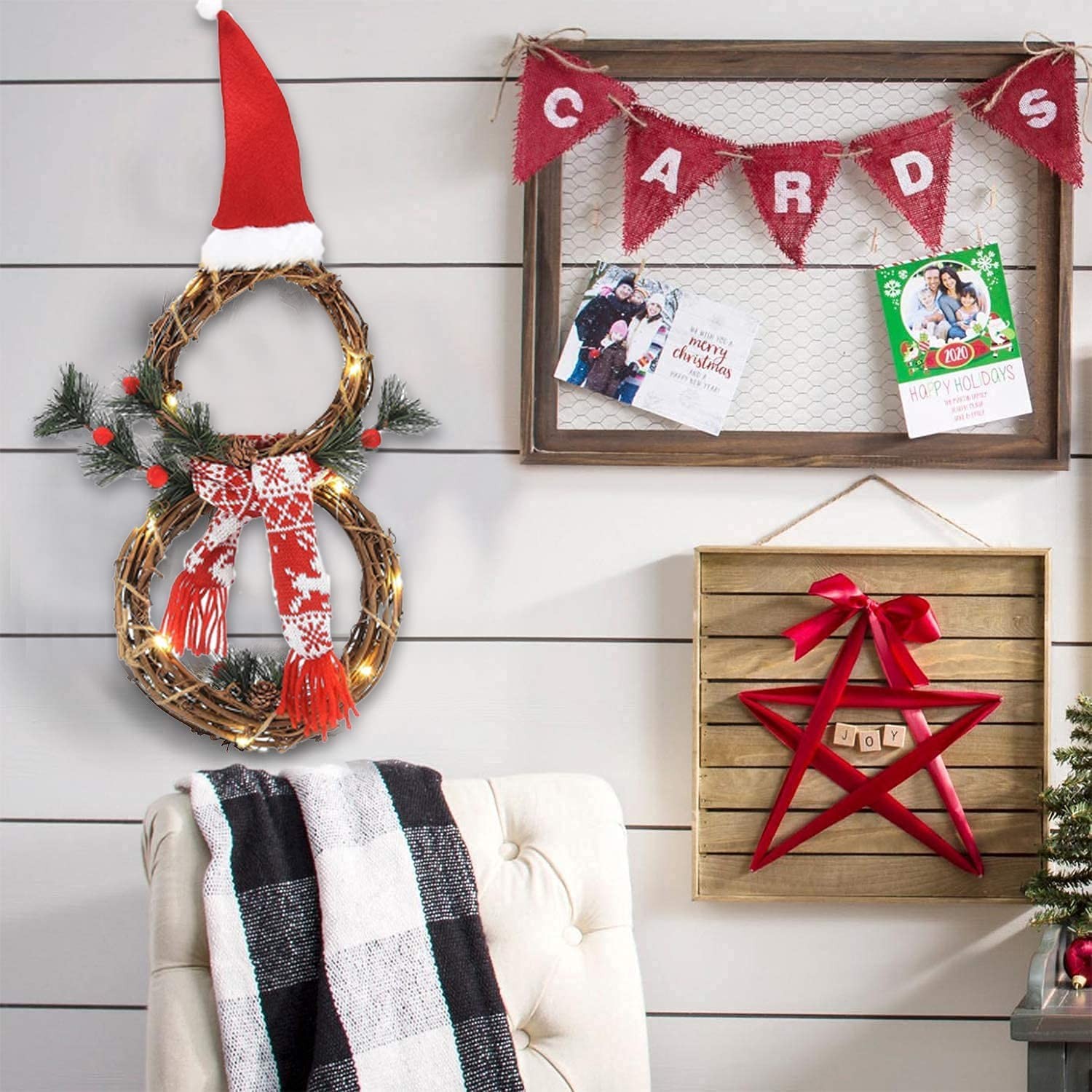 Christmas Wreath for Front Door, Holiday Wreath Snowman Christmas Decorations with Lights, Hat & Scarf, Handmade Grapevine Garland Christmas Hanging Sign for Window Wall Farmhouse Indoor Outdoor Decor