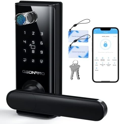 GEONFINO Keyless Entry Door Lock, 6-in-1 Front Door Lock with App Control, Bluetooth, Fingerprint Door Lock with Handle, Electronic Digital Keypad, Smart Door Lock with Anti-Peeping, Auto Locking