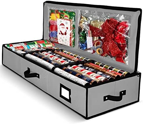 Gift Wrap Organizer, Christmas Wrapping Paper Storage Bag w/Useful Pockets for Xmas Accessories, Fits Upto 24 Rolls, Underbed Storage for Holiday Decorations, Large Capacity Storage Box