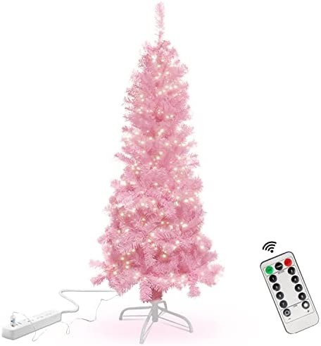 4.5ft Small Pink Christmas Tree with Lights, Light Pink Artificial Christmas Tree with 350 Branch Tips 8 Lighting Modes and Remote Timer for Girls Room Christmas Party Office Mall Decorations