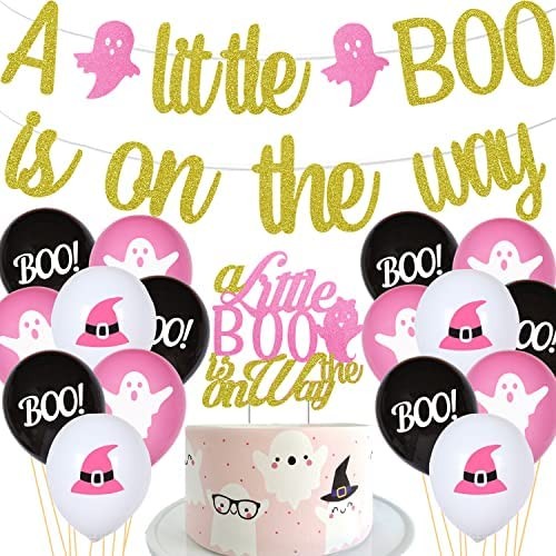 Pink Halloween Baby Shower Decorations, A Little Boo is On the Way Banner and Halloween Themed Balloons for Pregnancy Celebration Decor Halloween Baby Shower Party Supplies