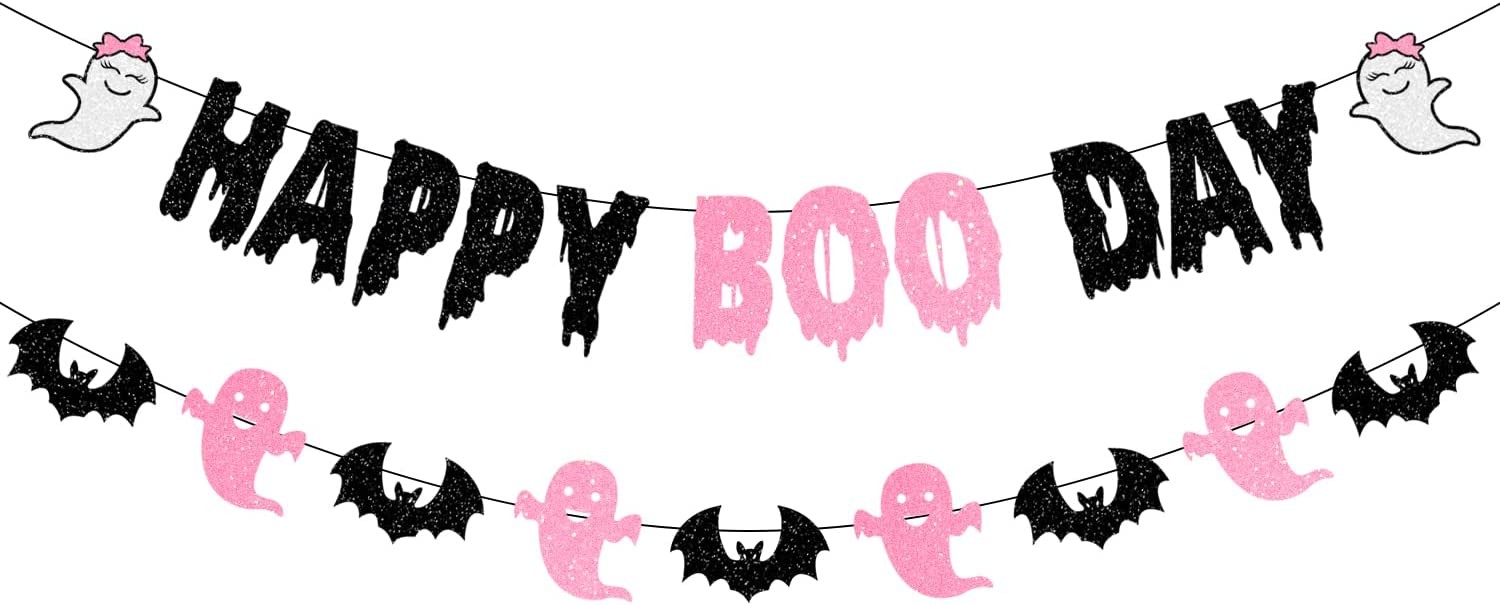 JOZON Pink Black Glittery Happy Boo Day Banner with Bat and Ghost Signs Halloween Birthday Banner Garland Halloween Party Decorations for Girl Birthday Mantle Fireplace Wall Party Supplies
