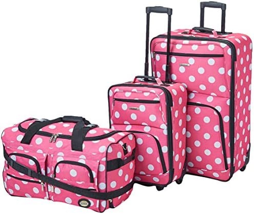 Rockland Vara Softside 3-Piece Upright Luggage Set, Pink Dots, (20/22/28)
