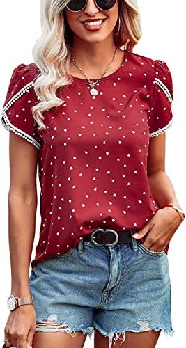 Beaully Womens Summer Tops Casual Floral Print Lace Crochet Short Sleeve Blouses Crewneck Shirt Tunic Tops