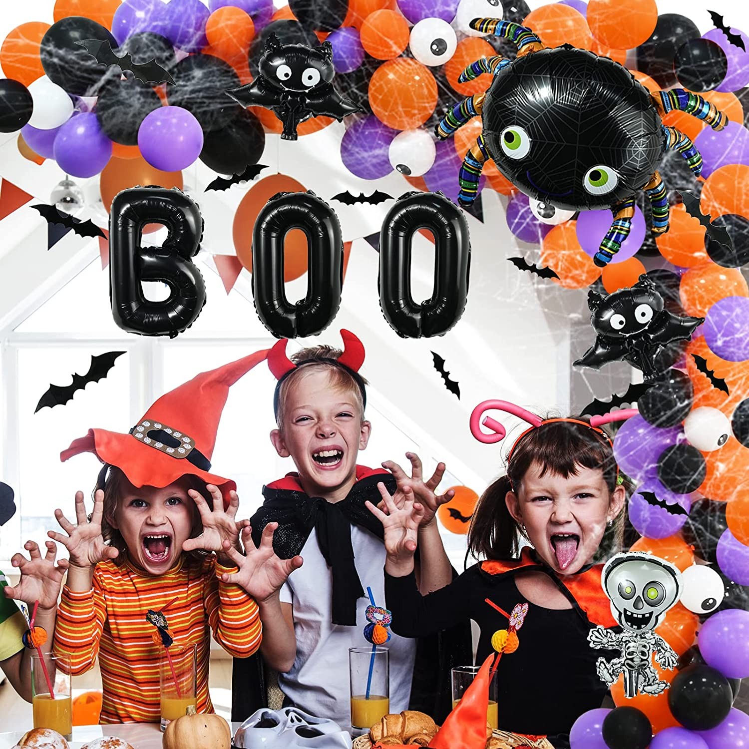 132Pcs Halloween Balloons Garland Kit Halloween Party Decorations in Door with Bat Decorations Big Spider Balloon Boo Balloon Eyeball Balloons for Halloween Party Supplies