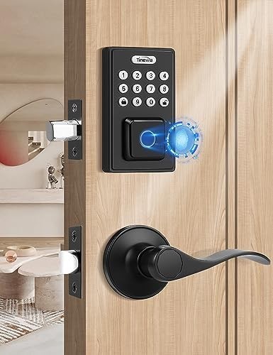 Keyless Entry Door Lock with Handles, Tinewa Electronic Keypad Deadbolt for Front Door, Auto-Locking, Anti-Peeping Password, Digital Smart Code Door Lock, Front Door Handle Sets, Matte Black