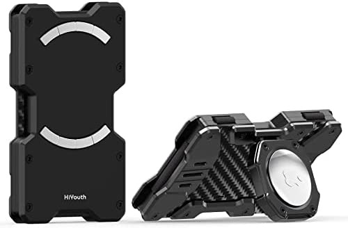 HiYouth Minimalist Metal Wallet For Men , Slim Aluminum Airtag Wallet Card Holder , Cool Magnetic Magsafe Wallet Stand Foldable , ( Jet Black )