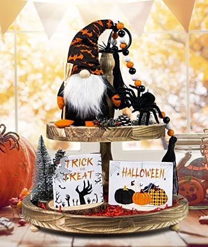 EPN Halloween Tiered Tray Decor, 5 Pcs Trays Decorations with Gnomes Plush, Wood Horror Pumpkin Sign, Wooden Bead Garland, Simulation Plush Spider for Kitchen House Table