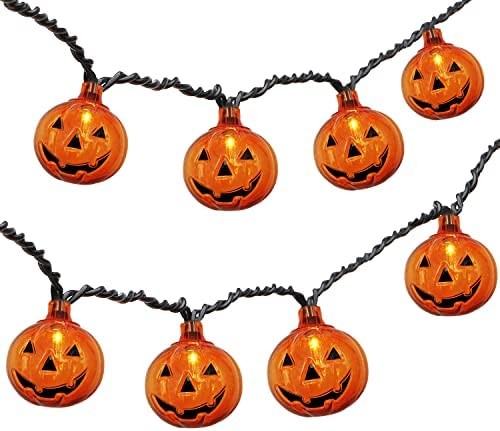 Halloween String Lights, 8.5Ft Pumpkin String Lights with 10 Warm White Mini Light Bulbs, UL Listed Outdoor Patio Connectable Lights for Outdoor & Indoor Christmas, Halloween Decoration- Black Wire