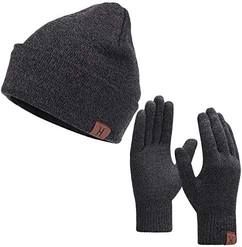 Winter Warm Beanie Hat Touchscreen Gloves Set, Soft Skull Cap Gloves Set for Men and Women with Warm Knit Fleece Lined