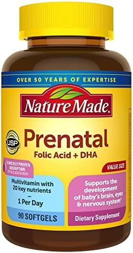 Nature Made Prenatal with Folic Acid + DHA, Prenatal Vitamin and Mineral Supplement for Daily Nutritional Support, 90 Softgels, 90 Day Supply