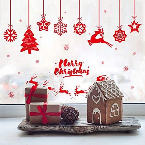 Home Find Red Snowflake Santa & Reindeer Stickers Christmas Window Stickers Merry Christmas Wall Decal Removable House Decor Art Murals for Glasses Shops Showcase 55 x 39 inches (Red)