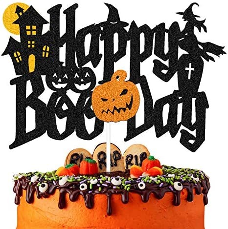 Happy Boo Day Cake Topper Halloween Birthday Cake Decor Here for the Boos Decorations Ghost Wizard Witch Pumpkin Autumn Fall Themed Bday Party Supplies Glitter Black Double Sided