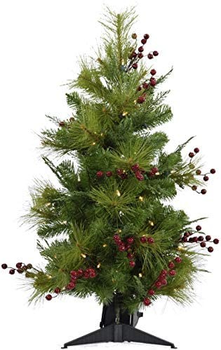 Fraser Hill Farm 3-Ft. Newberry Pine Artificial Tree with Battery-Operated LED String Lights, FFNP042-5GRB Christmas Decoration, Green