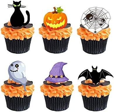 Halloween Edible Cupcake Toppers Pumpkin Ghost Bat Black Cat - Pre-cut Wafer Paper Cake Decorations，36pcs