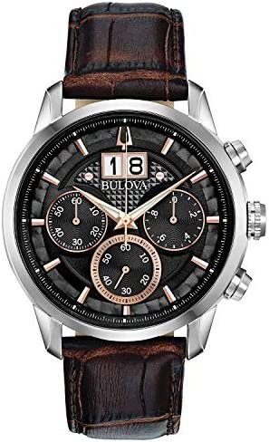 Men's Classic Sutton 6-Hand Chronograph Calendar Big Date Leather Strap Quartz Watch, Domed Mineral Crystal, 44mm