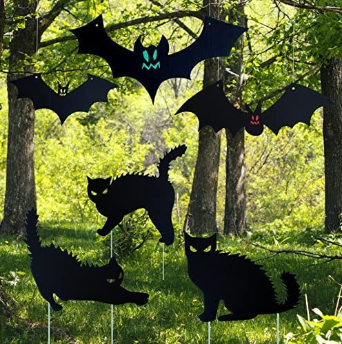 Halloween Signs Outdoor Decorations - 6PCS Black Cat Bat Lawn Decorations Signs for Garden Yard Tree Decorations Scary Halloween Witch Decorations Outside