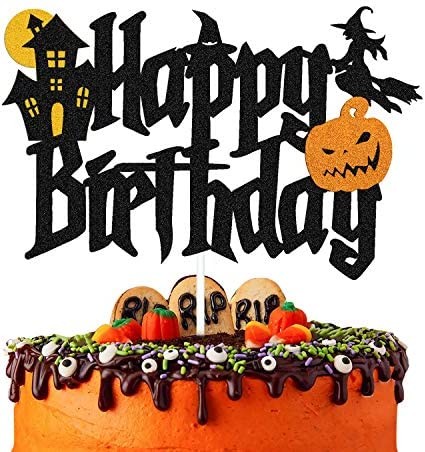 YOYMARR Halloween Cake Topper Happy Birthday Sign Cake Decorations for Halloween Wizard Ghost Pumpkin Themed Birthday Party Supplies Black Sparkle Decor