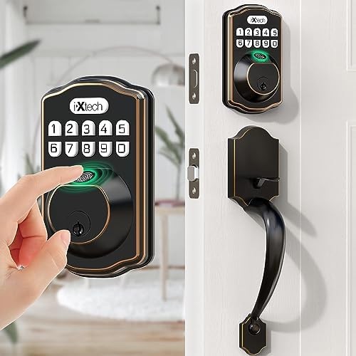 IXTECH Fingerprint Door Lock Set, Keyless Entry Door Lock Deadbolt with Handle and 2 Keys, Auto Lock Smart Finger Print Door Lock for Front Door, Electronic Door Lock with Keypad, Oil Bronze Finish